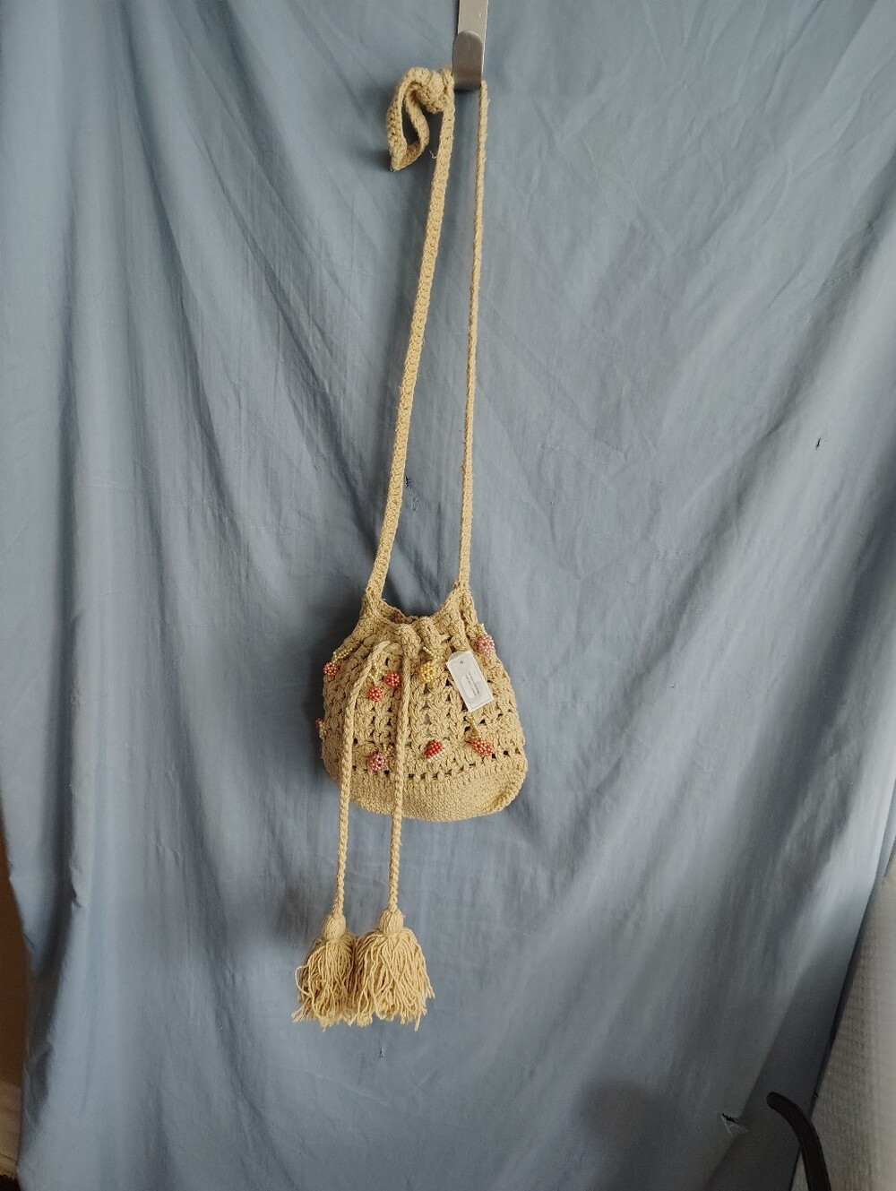 NWT Handmade Crochet Bucket Bag Beaded Fruit Drawstring Boho Shoulder Purse